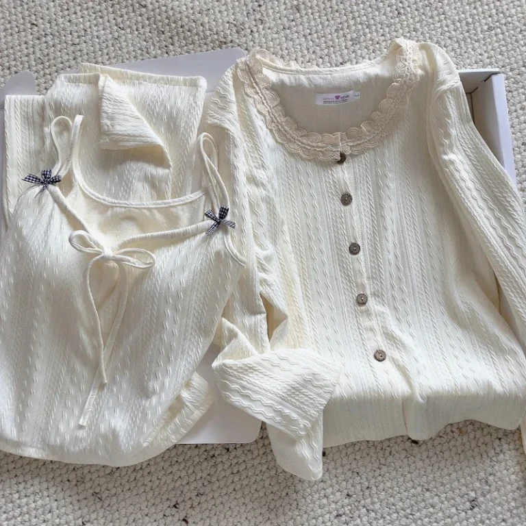 New-Womens-Spring-Cotton-Three-Piece-Loungewear-Set-With-Built-in-Pad-Camisole-and-Cardigan
