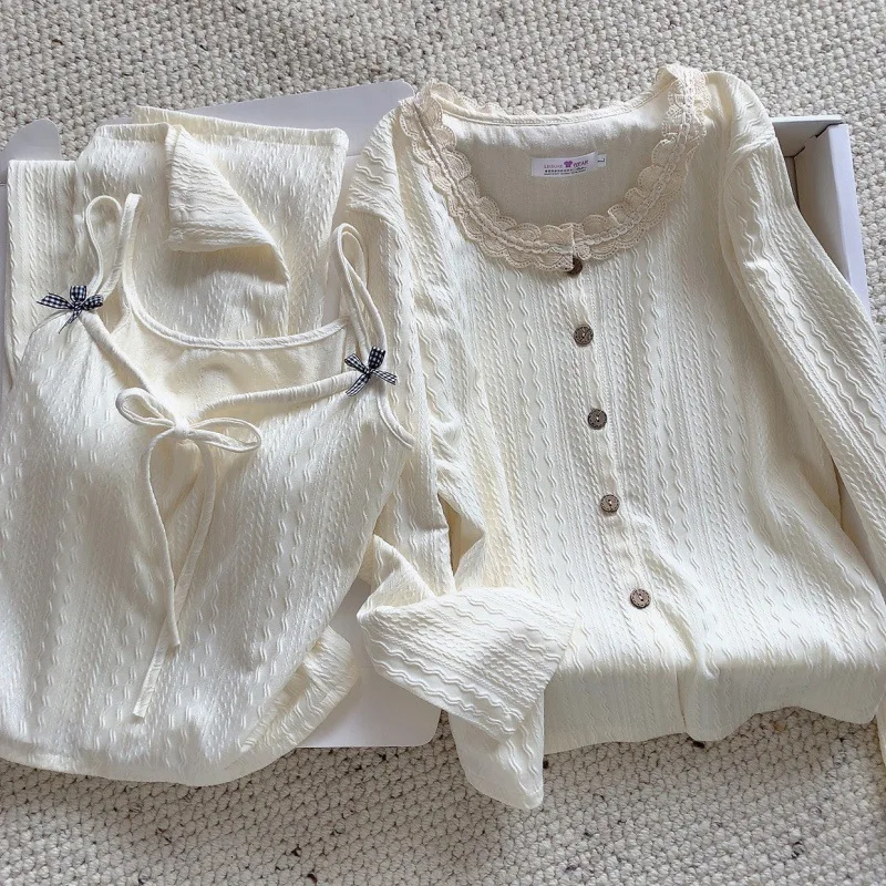New Women's Spring Cotton Three Piece Loungewear Set With Built in Pad Camisole and Cardigan