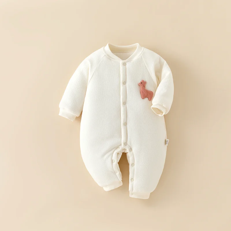 Newborn Baby Winter Pure Cotton Jumpsuit Eco-Friendly Cartoon Print Snap Button Closure Warm Climbing Pajamas