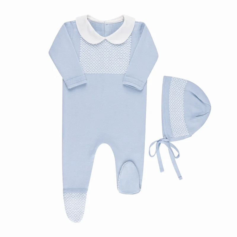 Newborn Girl Boy Pajamas Clothing Turn Down Collared Knit Baby Footie Long Sleeves Cotton Toddler Onesie