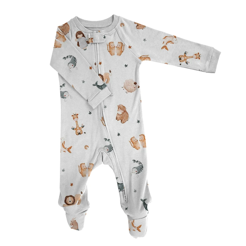 Newborn Organic Cotton Romper Baby Zipper Long Sleeve Onesie Set OEM Custom Baby Clothes Print Color Infant Footed Romper