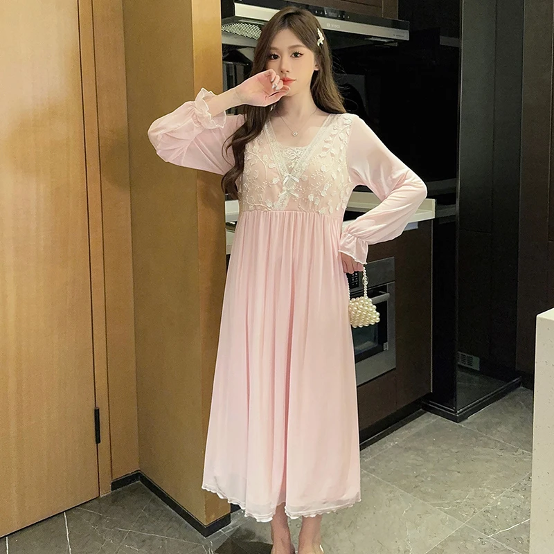 Nightdress Style Long Modal Nightshirt Lace Trim Pajamas Sleepwear with Chest Cushion Homewear