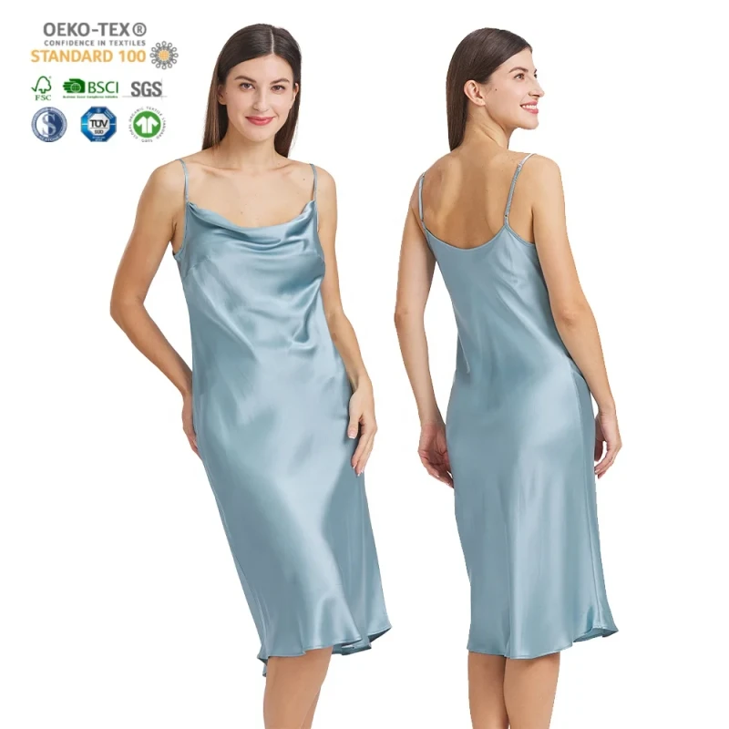 Nightwear Sleepwear Dress 100% Mulberry Silk Blue Strapless Nightdress
