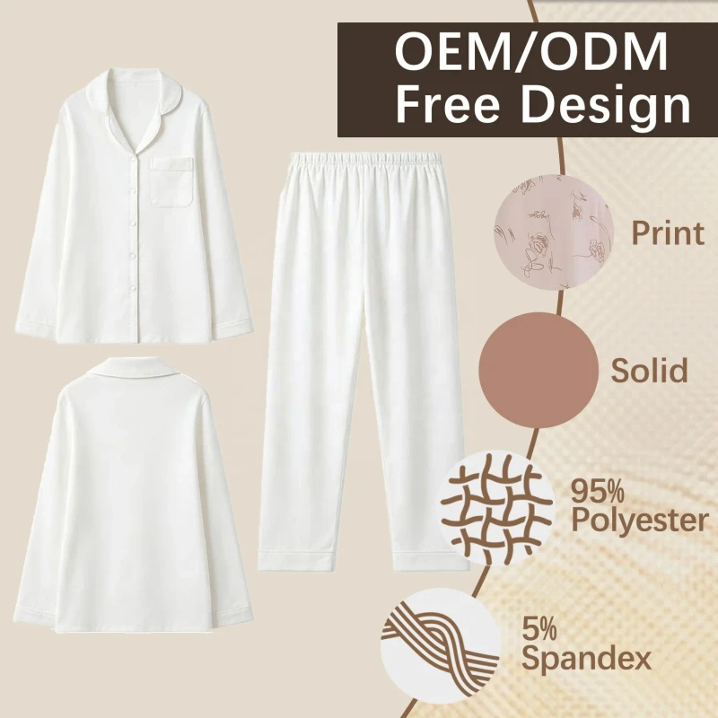 ODM Custom Design Elegant Casual Satin Silk Screen Printed Front Logo Loungewear High Quality Fabric Private Label Pjs