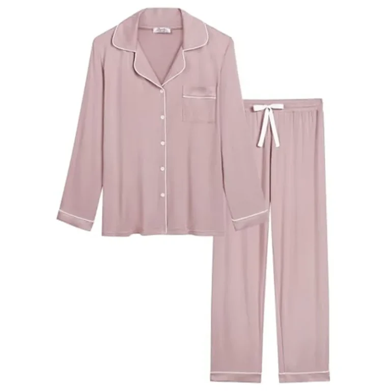 ODM-OEM-230gsm-Long-Sleeve-Lapel-Soft-Bamboo-Fiber-Women-Pajama-Set-with-Button-Down-Contrast-Piping-for-Daily-Rest