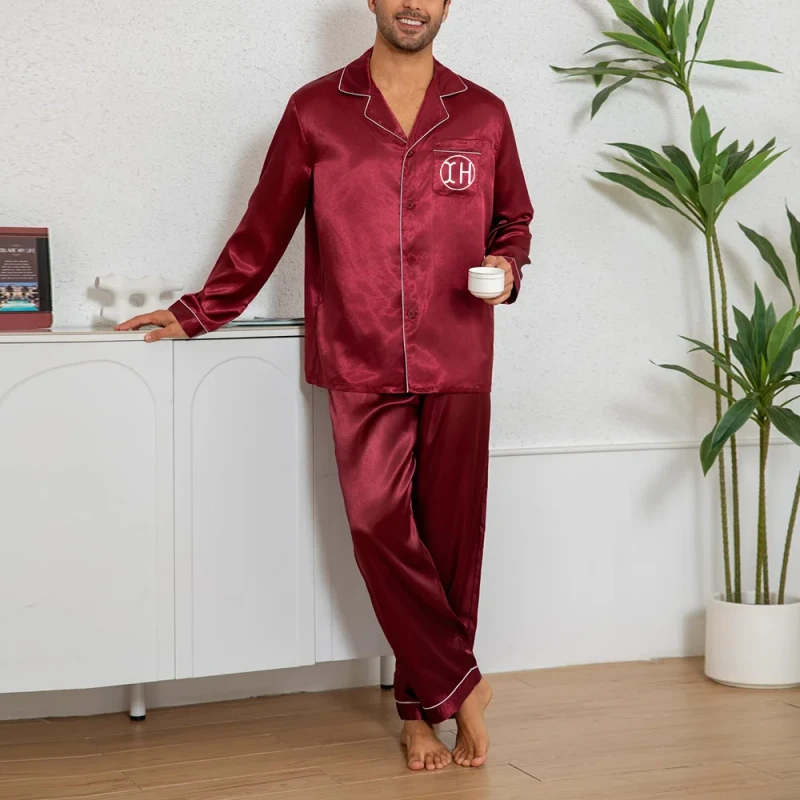 ODM OEM Silk Satin Pajama Sets Man Long Sleeve Shirt Pants 2 Piece Set Soft Breathable Smooth Loungewear with Pocket