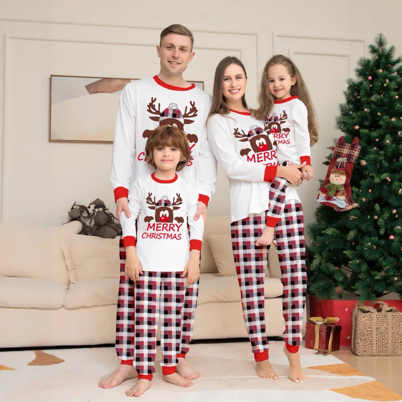 ODM Thermal Christmas Breathable Long Sleeved Parent child Home Clothes Deer Head Letter Family Matching Pajamas Set