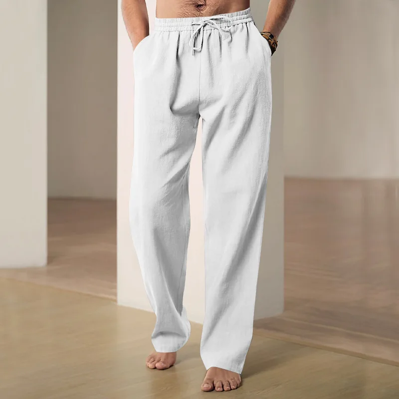 OEM Custom Latest Design Cotton Linen Pajamas Pants Casual Linen Straight Leg Pants Elastic Waist Baggy Men's Pants