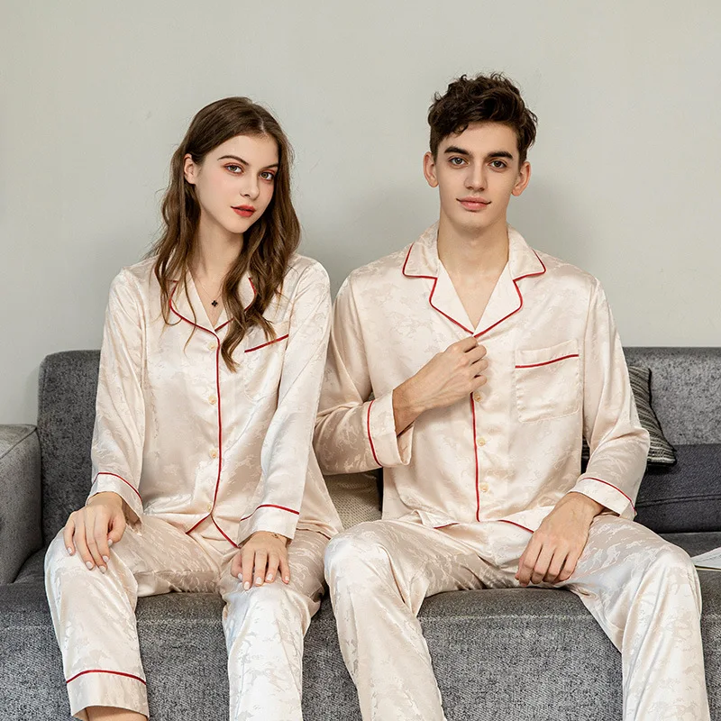 OEM Custom Matching Couple Two Piece Long Sleeve Button Polyester Satin Ice Silk Pajamas Family Men and Women Sleepwear Set
