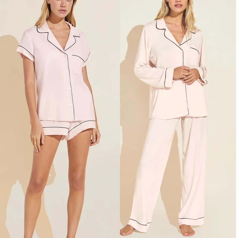 OEM Custom Women's Modal Cotton Pajamas Stretch Knit Long Sleeve Shorts Pants Set Bamboo Pajama Set Woman's Cozy Pjs Pajamas