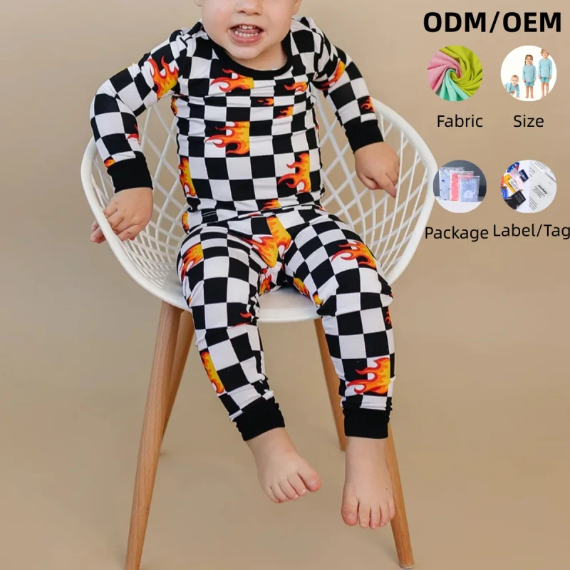 OEM Kids Toddler Unisex Bamboo Pajamas 2pcs Romper Flame Pattern Soft Breathable Baby Clothes Set