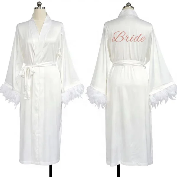 OEM Logo Luxury Feather Solid Plus Size Silk Satin V neck Long Robe Women's Wedding Sleepwear Soft Feathers Robes