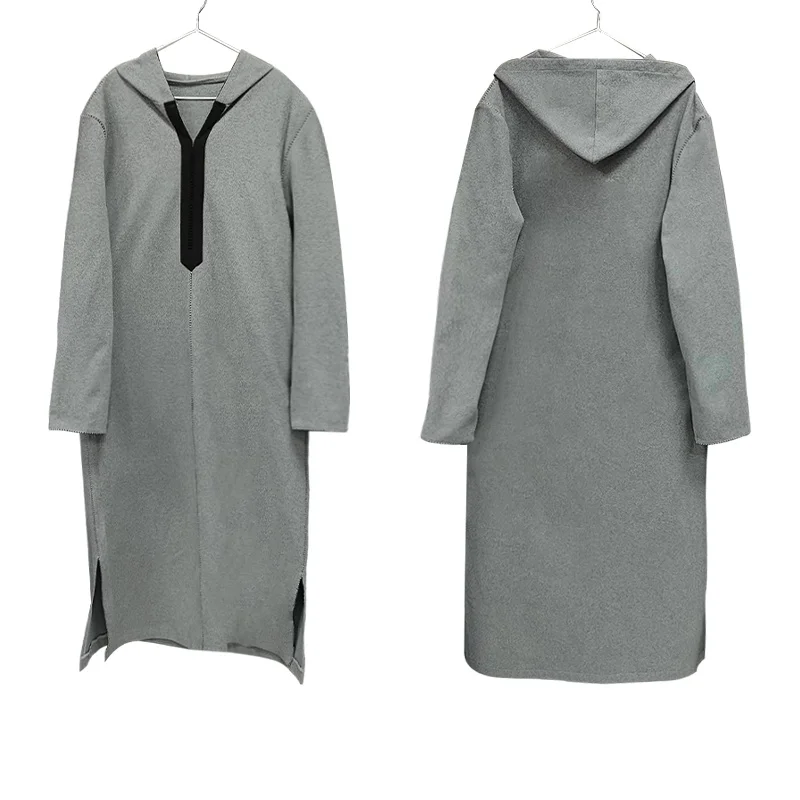 OEM Moroccan Middle East Traditional Robe Grey Long Sleeve Long Men's Hooded Shirt Muslim Thobe