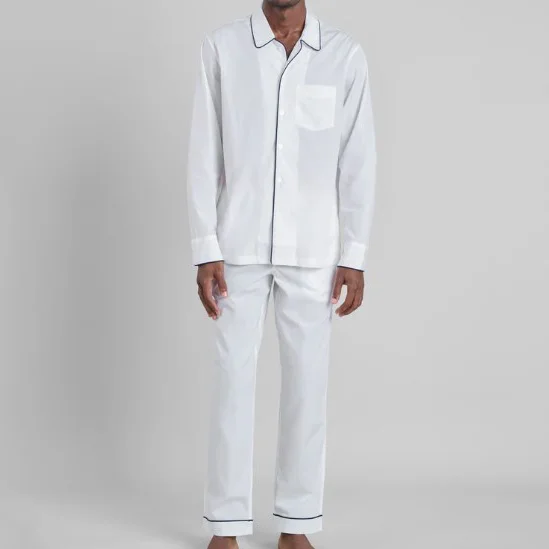 OEM ODM 100% Cotton Men's Casual Two-Piece Pajama Set Long Sleeve Contrast Decorative Solid Color Comfortable Breathable