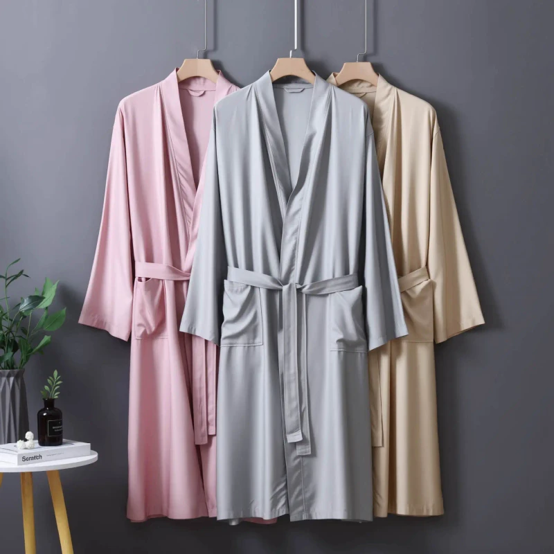 OEM ODM 100% Natural Bamboo Fiber Men's Solid Bathrobe Pajamas Dressing Gown Long Thin Style Comfortable Summer Winter