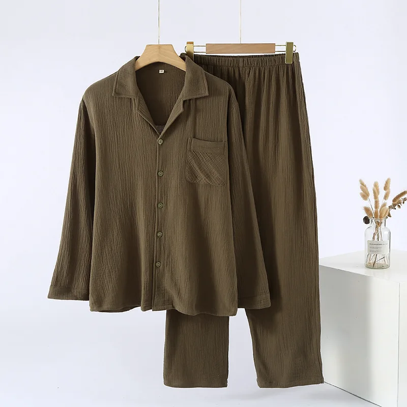 OEM ODM Bulk Supply 100% Natural Cotton Long Sleeve Long Pants Solid Casual Men's Pyjamas Set Eco Friendly Comfortable Sleepwear