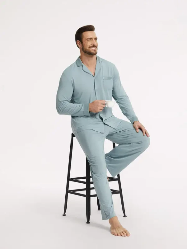 OEM ODM Casual Knitted Summer Men's Long Sleeve Home Pajamas Pockets Breathable Comfortable Solid Colors Multi color