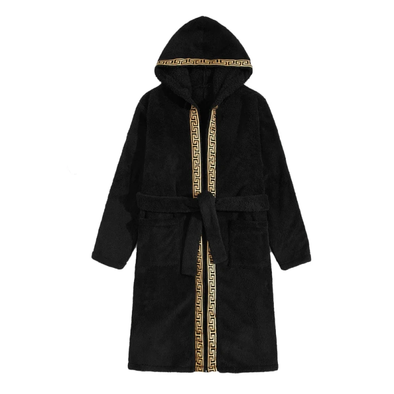 OEM ODM Greek Tape Panel Belted Bath Robe With Pocket Teddy Hooded Flannel Mens Robes