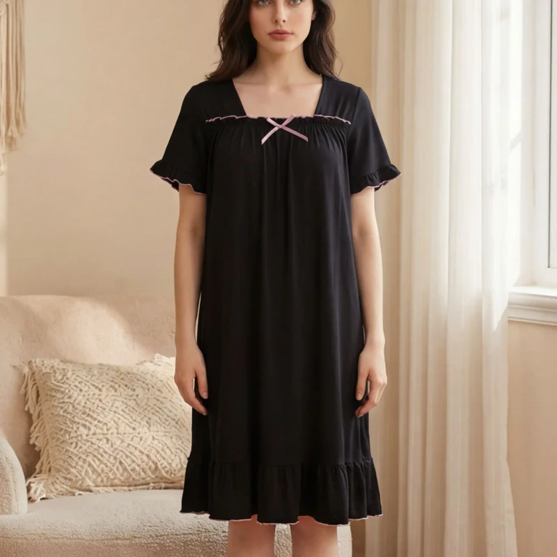 OEM ODM Knitted Solid Color Women's Short sleeved Nightgown Wavy Hem Mid length Casual Pajamas Summer Breathable Square Collar