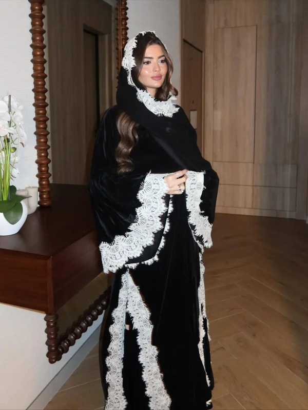 OEM ODM Three Piece Fashion Dubai Abaya Women Muslim Velvet Dress Kimono Open Abaya Hijab Set Modest Cardigan Robe with Lace