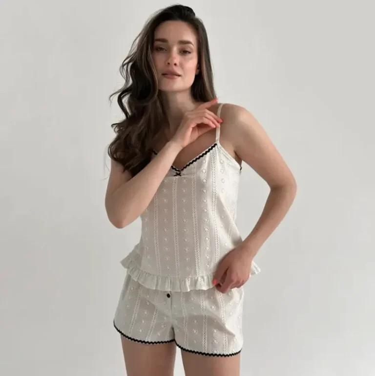 OEM-ODM-Womens-Cotton-Crepe-Three-quarter-Sleeve-Pajama-Set-Elegant-Soft-Breathable-Summer-Camisole-Shorts