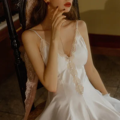 OEM Women Sexy Sling Pyjamas Satin Pajamas Dress Solid Color Sleepwear Nightdress Home Wear Lace Nightdress