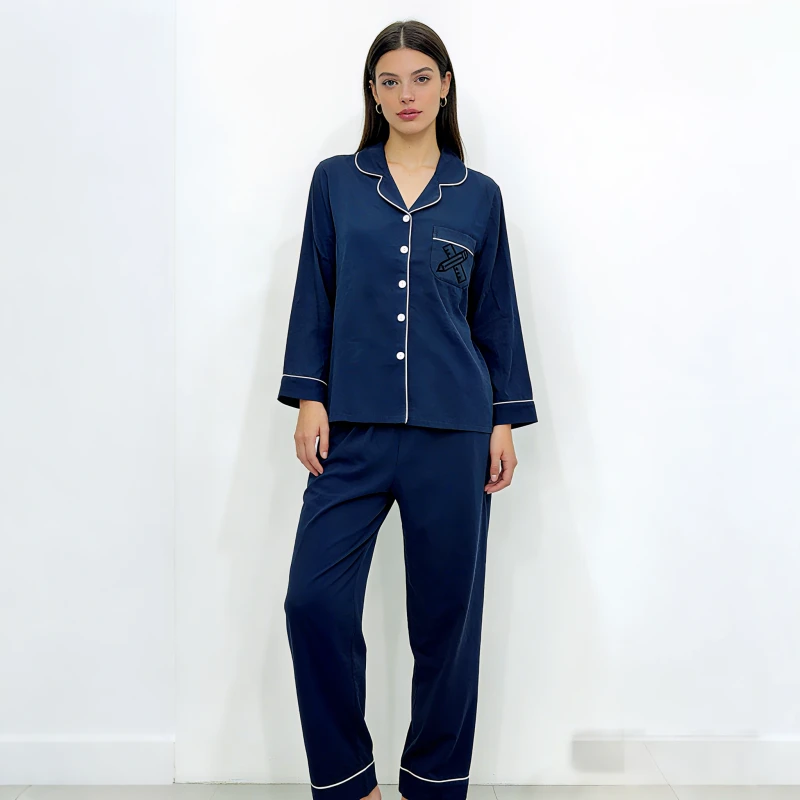 OEM Women's Cotton Pajamas Set Custom Print Long Sleeve Pajama & Loungewear for Home Relaxation