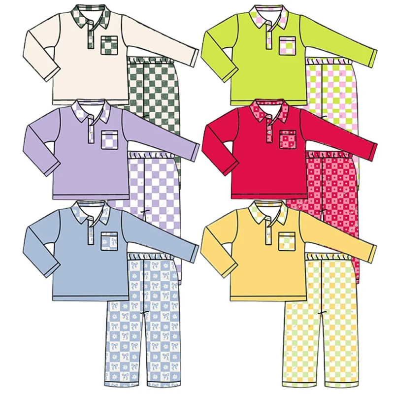 OEM&ODM Little Girls Long Sleeve Polo Top & Checkered Pants Loungewear Toddler Boys & Girls Cozy Pajama Set