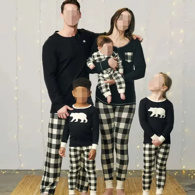 Oeko-Manufacturer-Support-Black-Cream-Plaid-Bear-Family-Matching-Pajamas-Bamboo