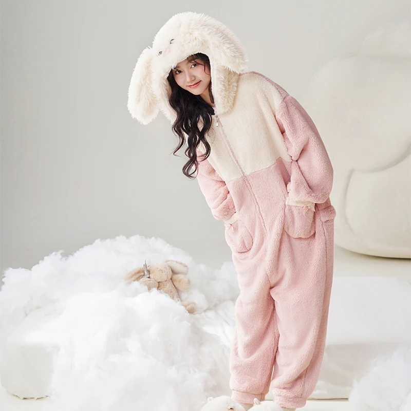 One Piece Onesie Coral Fleece Warm Thermal Cartoon Sweet Cute Leisure Embroidery Hooded Pajamas for Autumn