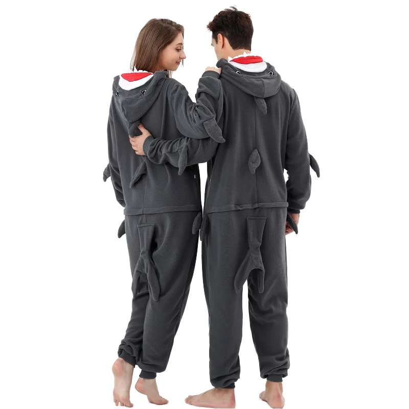 One Piece Shark Animal Hooded Thermal Fleece Pajamas Onesie Cosplay Homewear Sleepwear Jumpsuit Costume