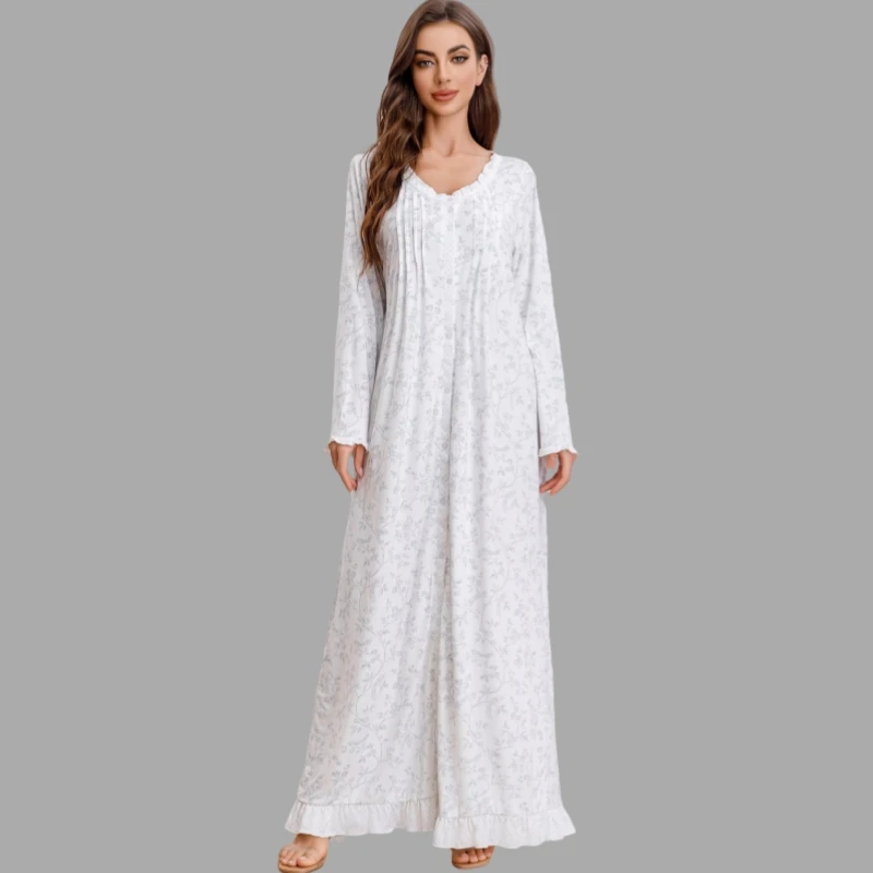One Piece Women Chiffon Thermal Floral Pattern Nightgown Loose Long Sleeve Milk Silk Sleepwear Spring Night Maxi Dress