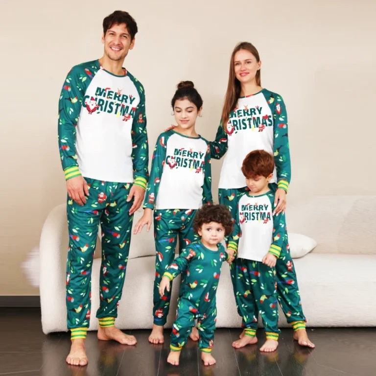 One-stop-Merry-Christmas-Family-Matching-2pcs-Home-Woven-Knitted-Front-Logo-Pajamas-Elastic-Waist-Print-Winter-Autumn-Spring
