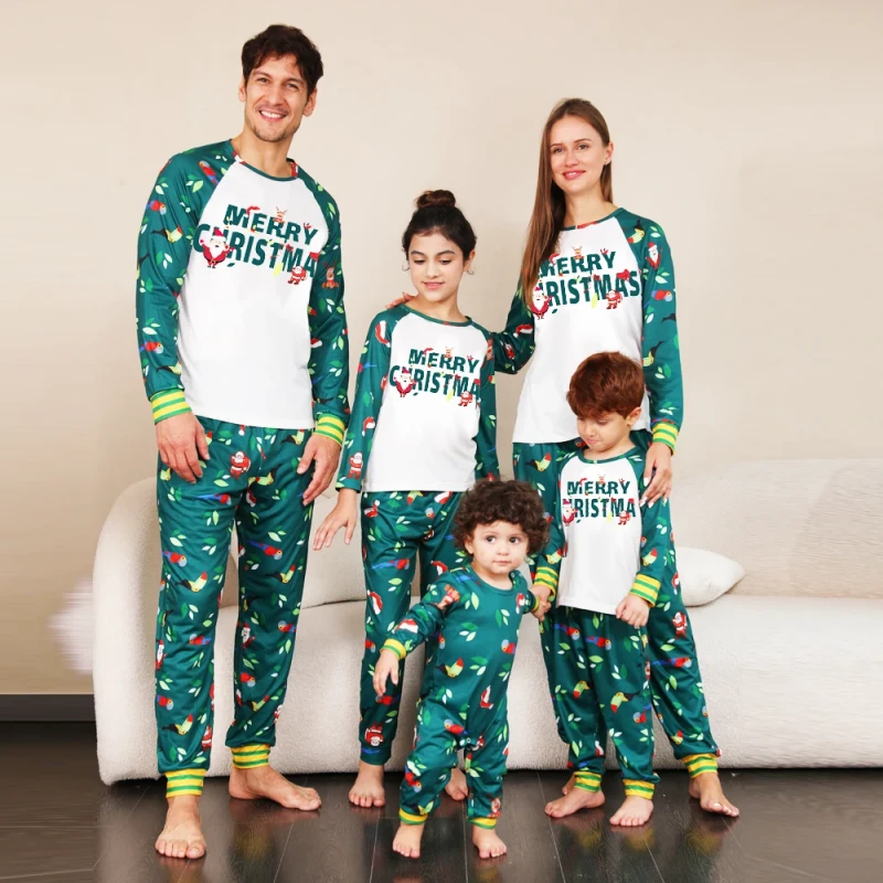 One stop Merry Christmas Family Matching 2pcs Home Woven Knitted Front Logo Pajamas Elastic Waist Print Winter Autumn Spring