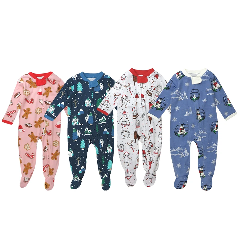 Organic Cotton Holiday Pajamas Baby Rompers Christmas Baby Sleepers Custom Newborn Onesies Sleepsuit Zipper Baby Clothes