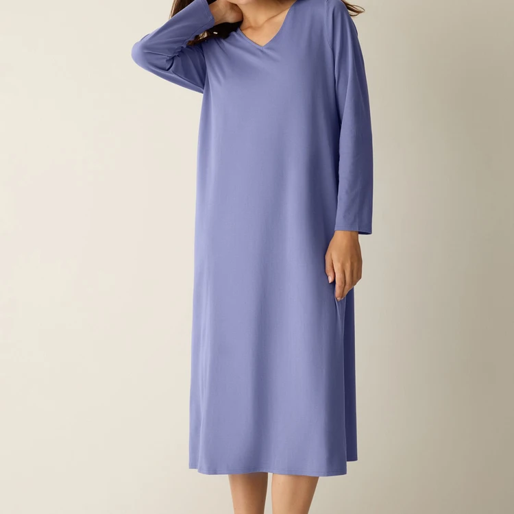 Organic Cotton Interlock Nightdress for Women V Neck Sleep Dress Long Sleeve Women's Sleepwear Custom Lounge Dress Women Clothes