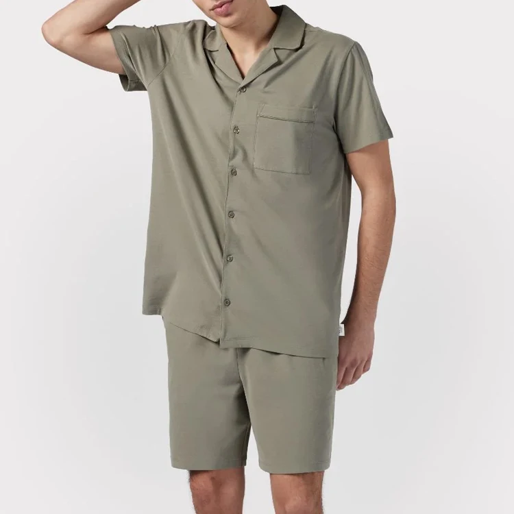 Organic Cotton Men's Pajamas Summer Short Pyjama Set Custom Jersey Sleepwear for Men Summer Mens Button up Shirts and Shorts
