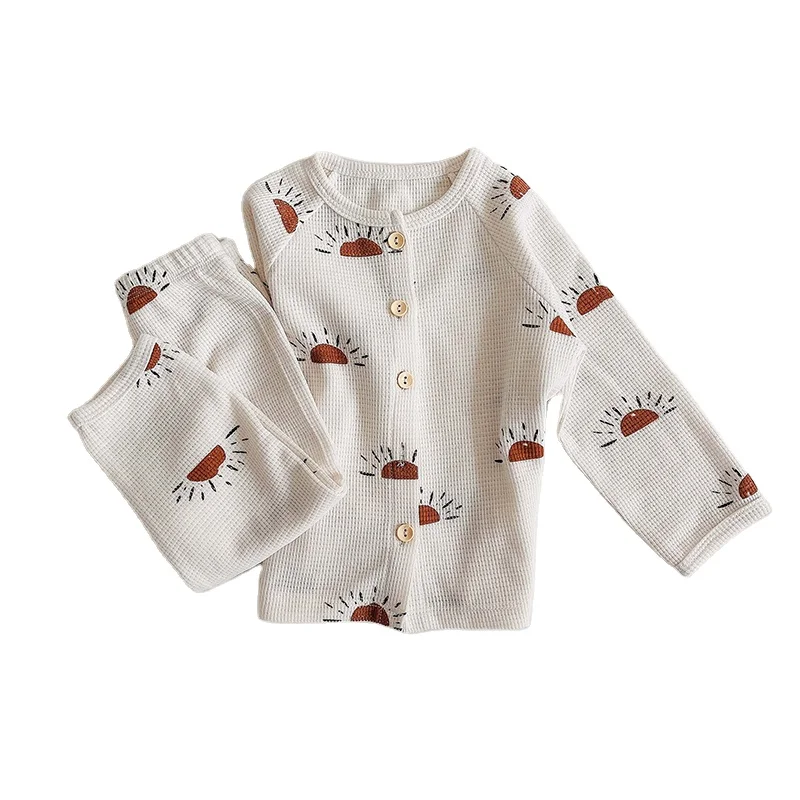 Organic Cotton Waffle Baby Pajamas Toddler Girls Pjs Print Button Sleep Wear Knitted Pijamas Infant