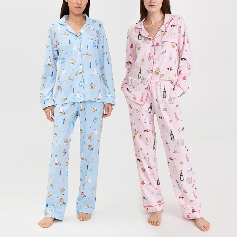 Organic Cotton Women Pajamas Sustainable Women Classic PJ Set Sleepwear Lady Custom Loungewear Women Sets Long Sleeve Pyjamas