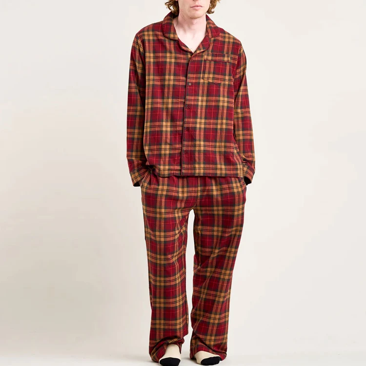 Organic cotton men's pyjamas long sleeve Striped two pajama set sleep button up shirt and pant Custom Sleepwear Lounge Set