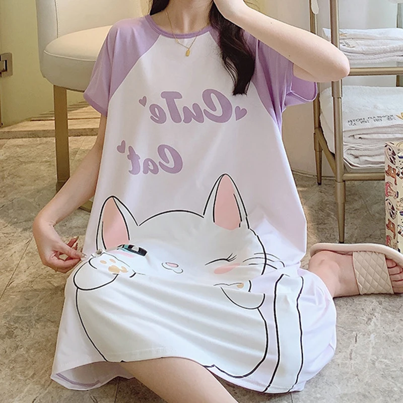 Oversize Casual Bear Printed Nightdress Cute Cartoon Pattern Animal Print Pajamas for Women Loose Fit Home Wear