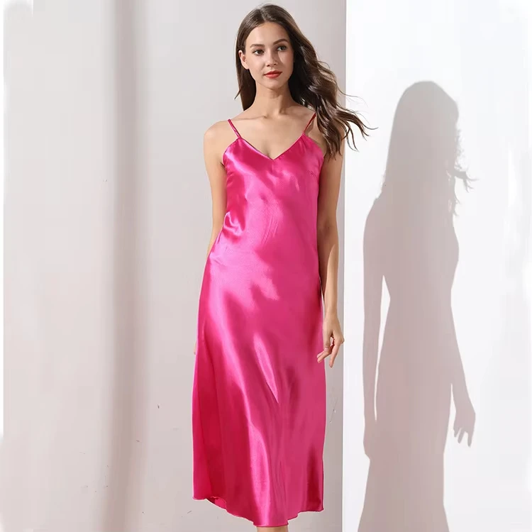 P528 Women Long Night Dresses Full Slip Spaghetti Strap Sexy Quality Silk Pajamas