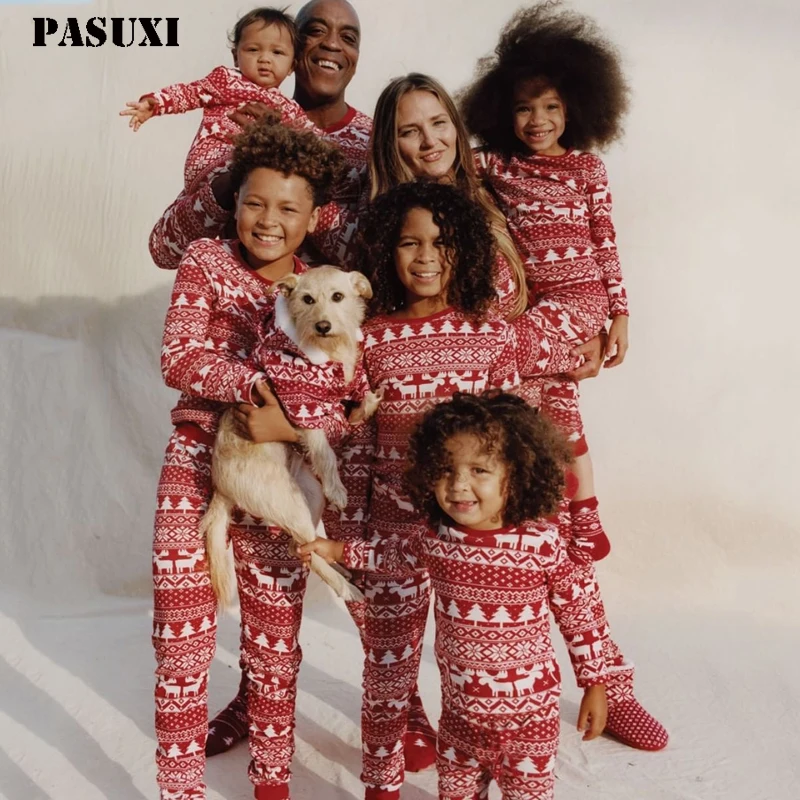 PASUXI Family Christmas Pajamas Set Fashion Print Father Mother Kids Dog Family Matching Clothes Outfits Family Sleepwear