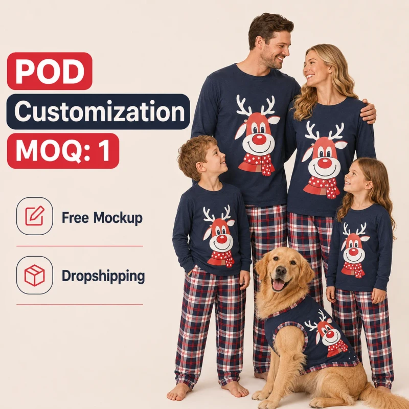 POD Custom Reindeer Matching Christmas Family Pajamas Set MOQ 1 Personalized Xmas PJs for Dad Mom Kids Dog Plaid Sleepwear