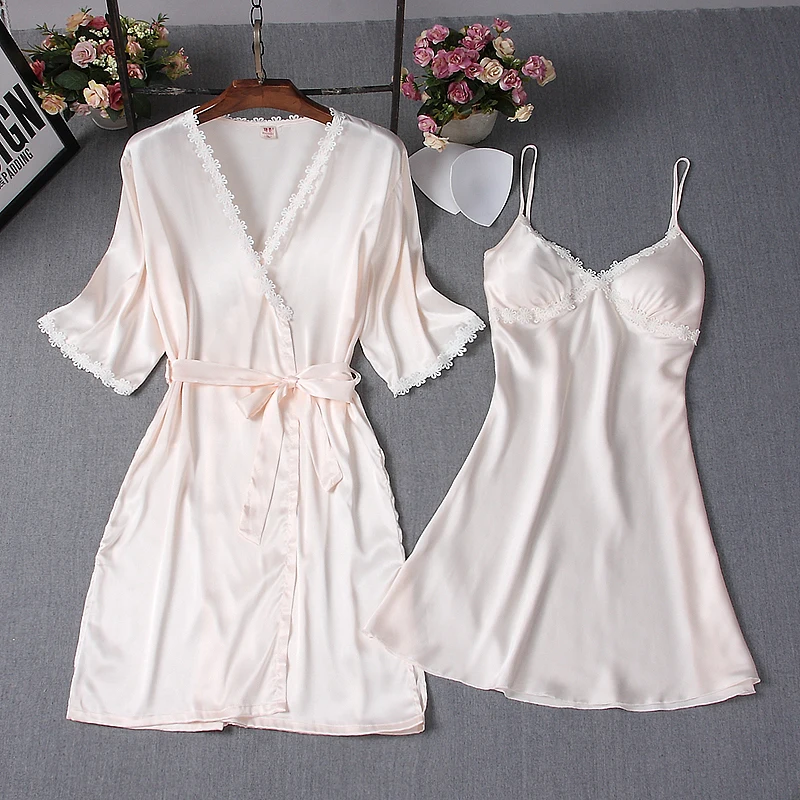 Pad Bath Robes with Custom logo Sexy 2 Pcs Lingerie Bridesmaids Robe with Embroidery Silk Nightdress for Woman Mature Nightwear