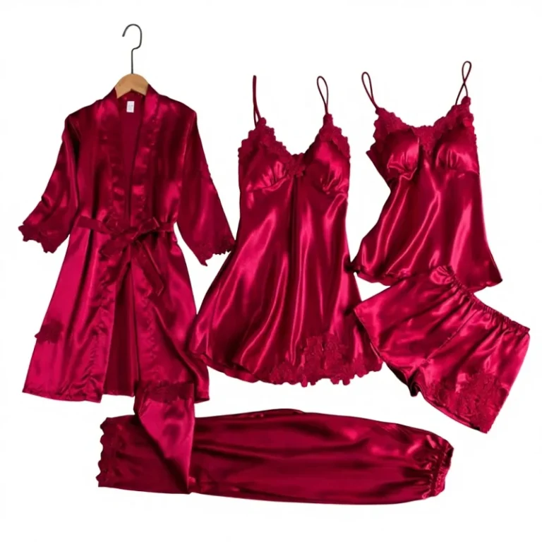 Padded-Bra-Pajamas-Women-One-Set-Polyester-Satin-Lace-V-neck-Sexy-Camisole-Skirt-Long-Sleeved-Nightgown-Loungewear-Spring-Autumn