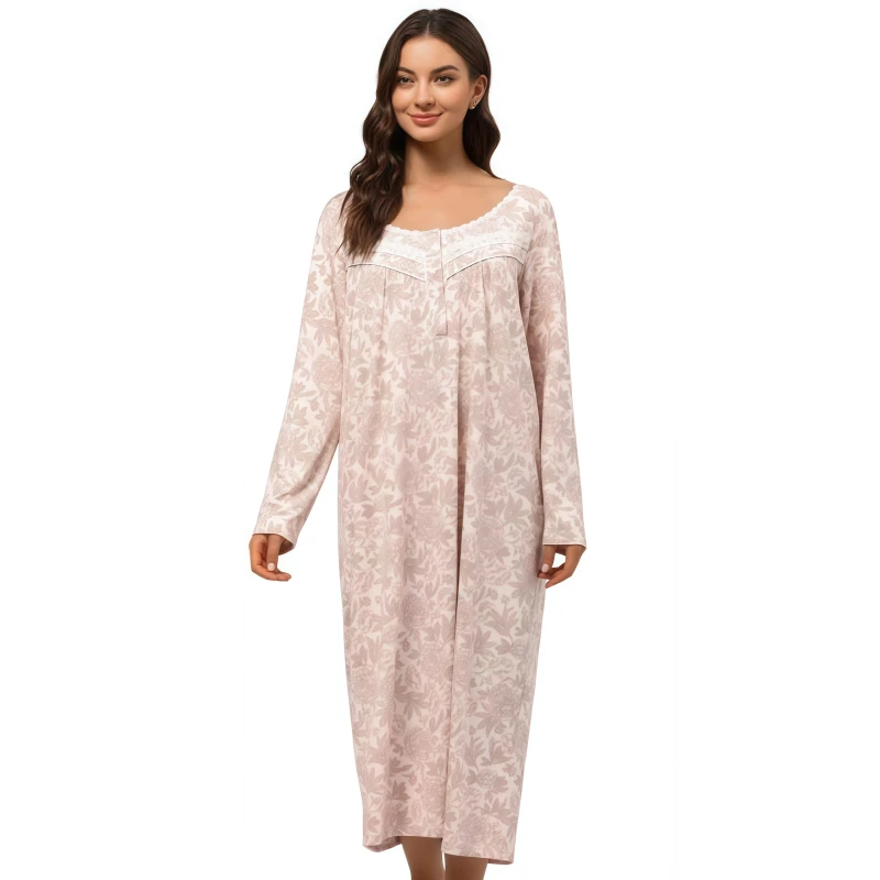 Pajamas Cotton Night Dresses Long Sleeve Floral Sleepwear Ladies Pyjama Nightgown for Women