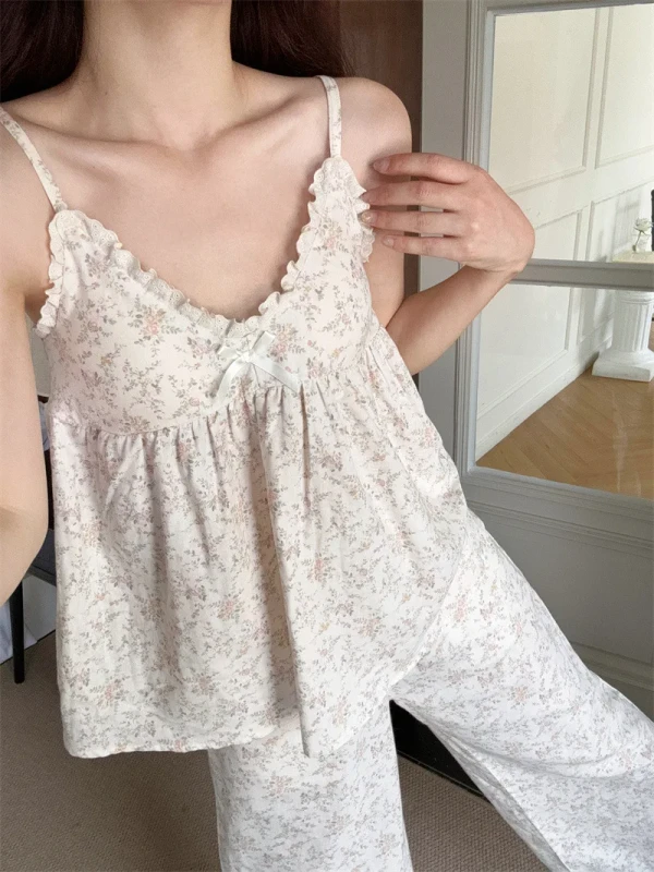 Pajamas Floral Print Camisole Set with Bow and Lace Trim Comfortable and Padded Bra Perfect for Loungewear and Sleepwear