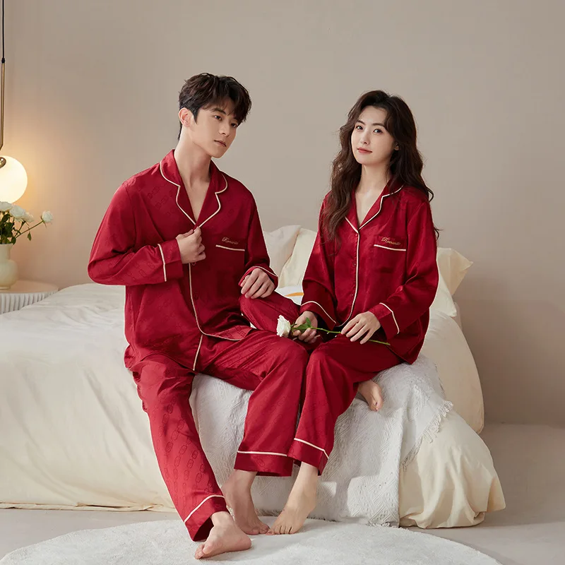 Pajamas Interlocking Couple Newlywed Long sleeve Set Red Women's Spring Autumn Style Men's Women's Festive Homewear Polyester