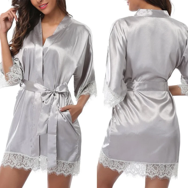 Pajamas Robes Sleepwear Nightgowns Half Sleeve Nightdress Lace Bathrobe Smooth Soft Comfortable Pure Color Pajamas Party Gift